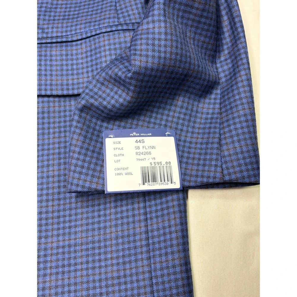 NWT Peter Millar SB Flynn Blue Micro Check 100% Wool Blazer Coat Mens 44S $595